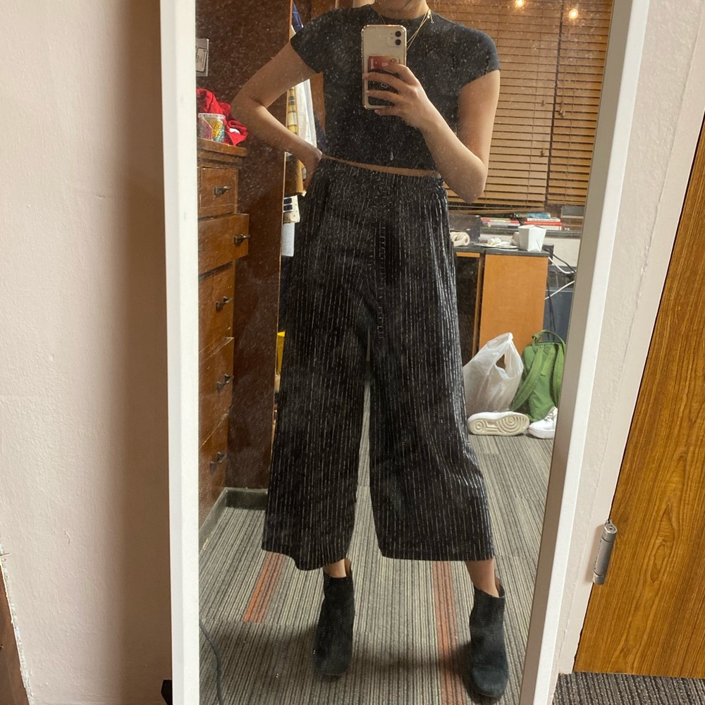 Black and white striped wide leg pants
